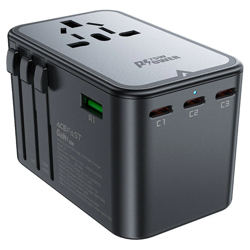 محول السفر ACEFAST Z1 PD75W GaN بقدرة 2300 واط عالمي (3×USB-C + 2×USB-A + AC