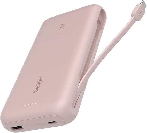 بنك طاقة Belkin BoostCharge بسعة 20000 مللي أمبير مع كابل USB-C مدمج وردي