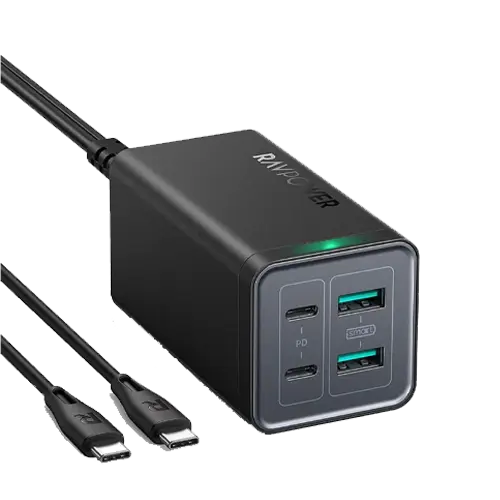 Rav Power 120-watt desktop charger with 4 ports and a 100-watt USB-C to USB-C cable